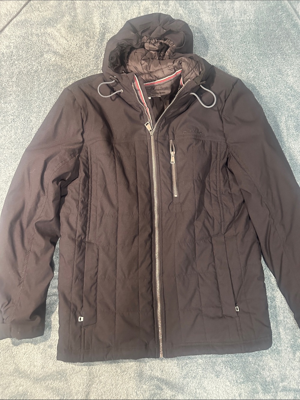 Orvis Black Hooded Puffer Jacket with Zip Chest Pocket